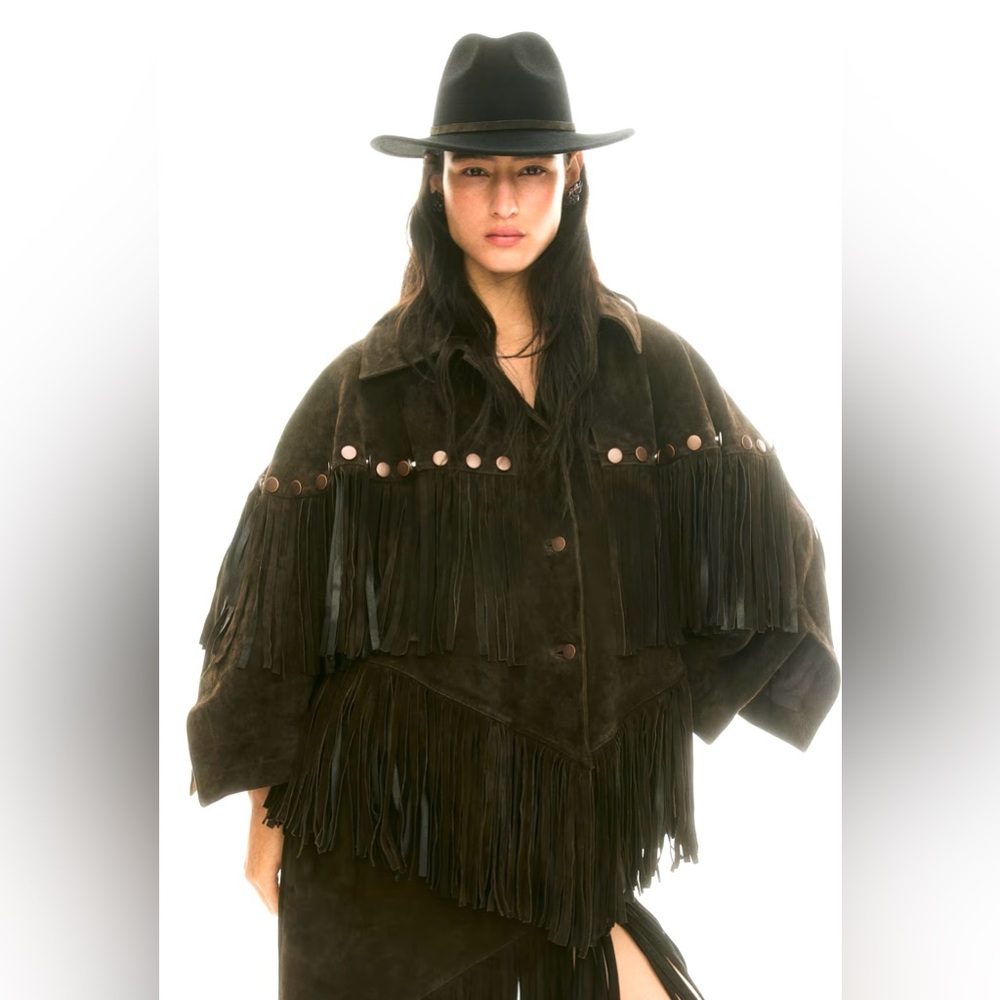LORENA SARAVIA H&M FRINGED SUEDE CAPE JACKET DARK BROWN ONE SIZE